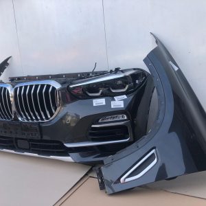 BMW X5 G05 3.0d kompleksinis priekis, kebulo dalys, durys, bamperis, kapotas, radiatorius, žibintai, bagažinės galinės dangtis, galiniai žibintai/stopai.